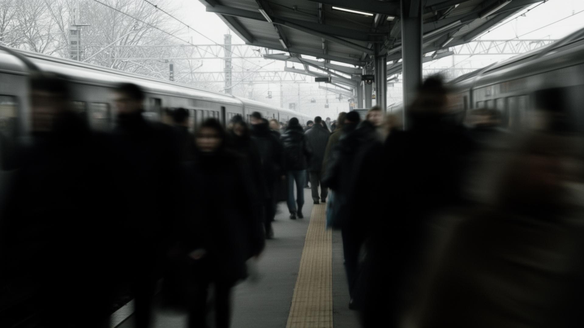Anonymous crowd on a train platform in winter light