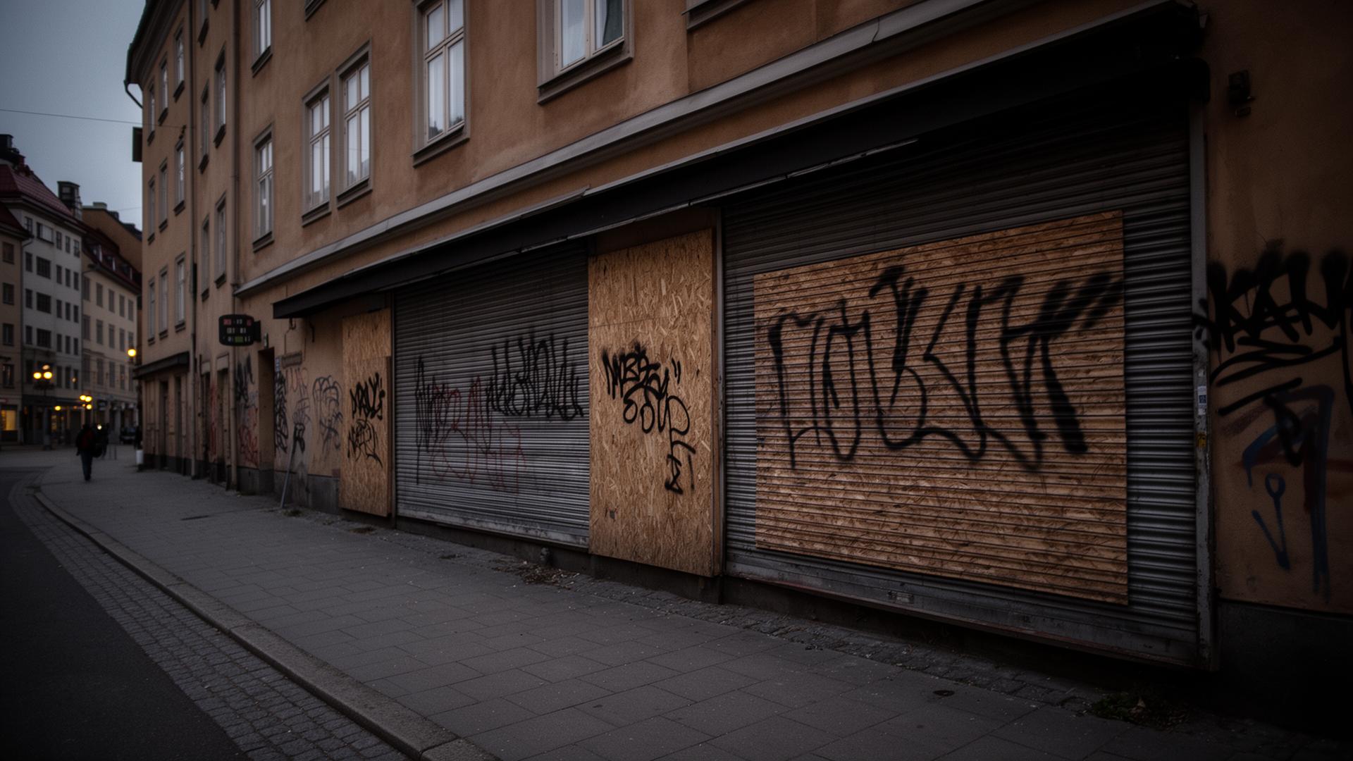 Cordoned-off street with blue police lights in a Swedish suburb