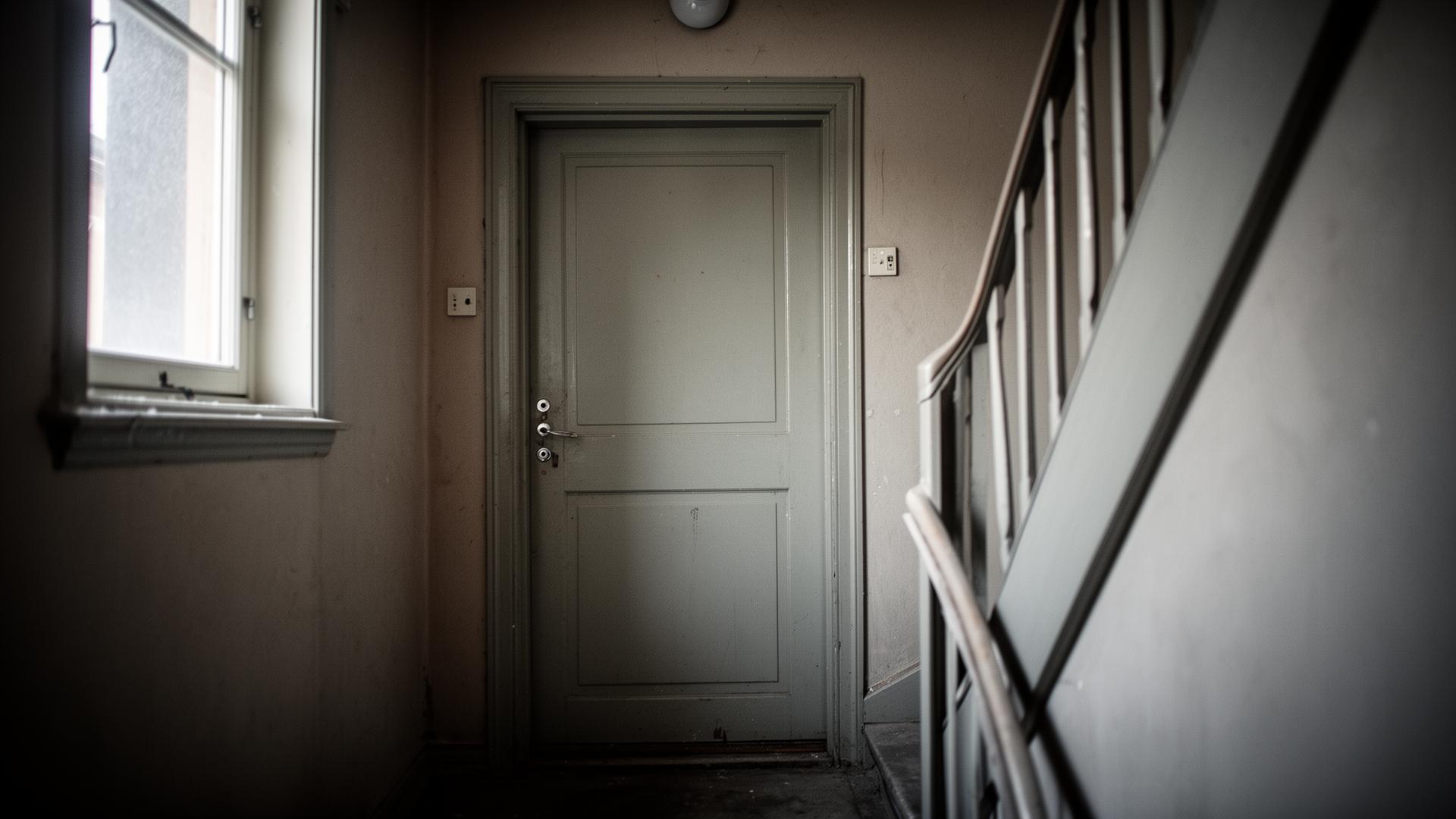 Stängd lägenhetsdörr i ett svenskt trapphus